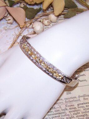 BBJ Sterling Silver Citrine and Diamond Hinged Bangle Bracelet - Size 7